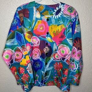 Blue Pink Art To Wear Vibrant Floral Cardigan Sweater Women's Size Large